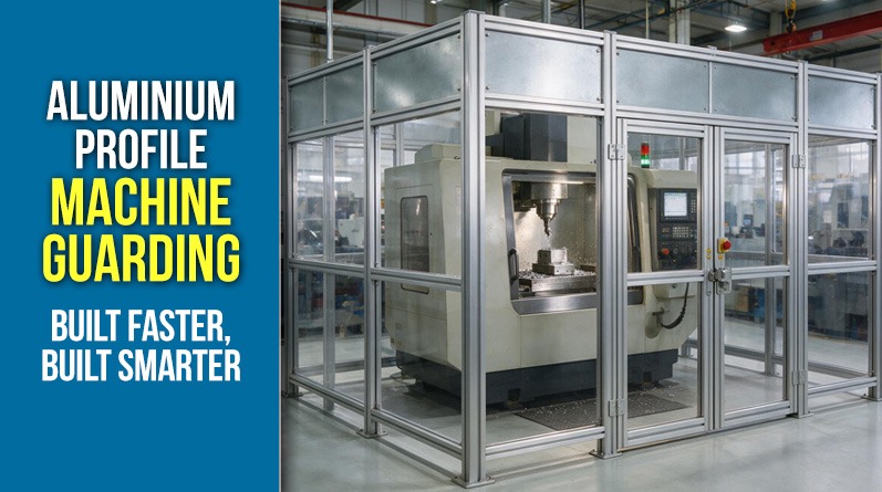 Aluminium profile machine guard enclosure around an industrial CNC machine